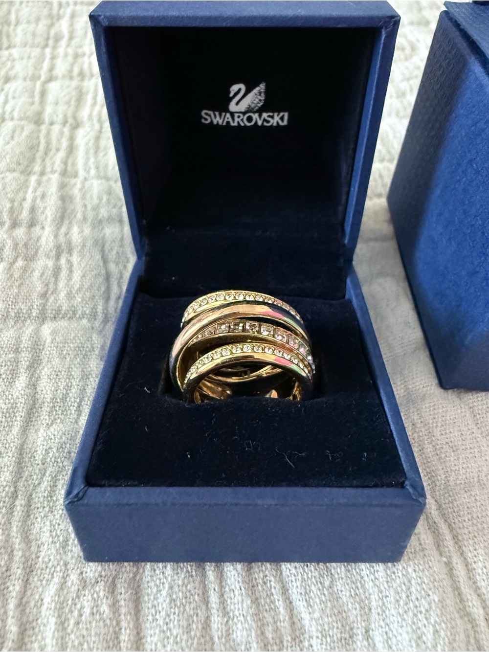 Swarovski Gold-Tone Multi-Row Crystal Ring with Pink Accents Sz 6